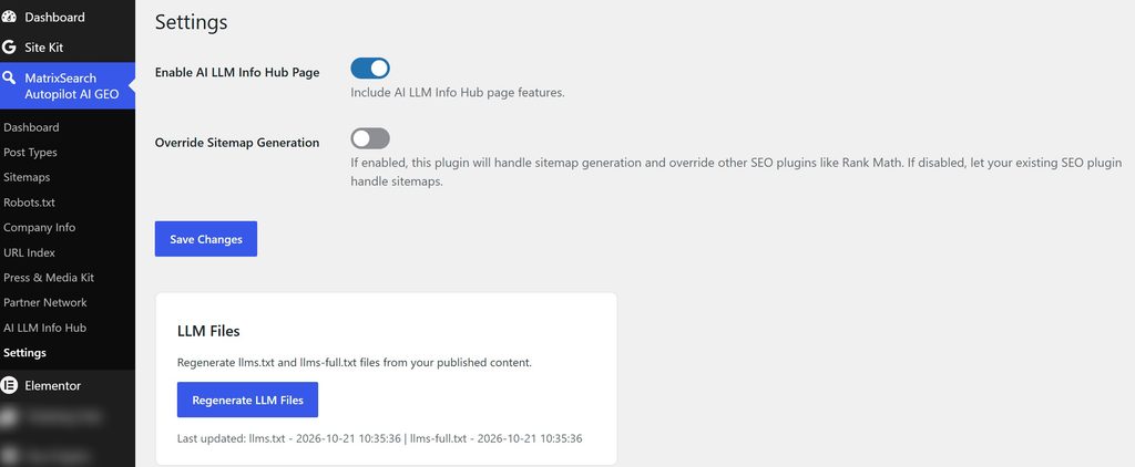 MatrixSearch Autopilot AI - GEO & AIO AI Search Optimization - matrixsearch-autopilot-geo-ai-settings